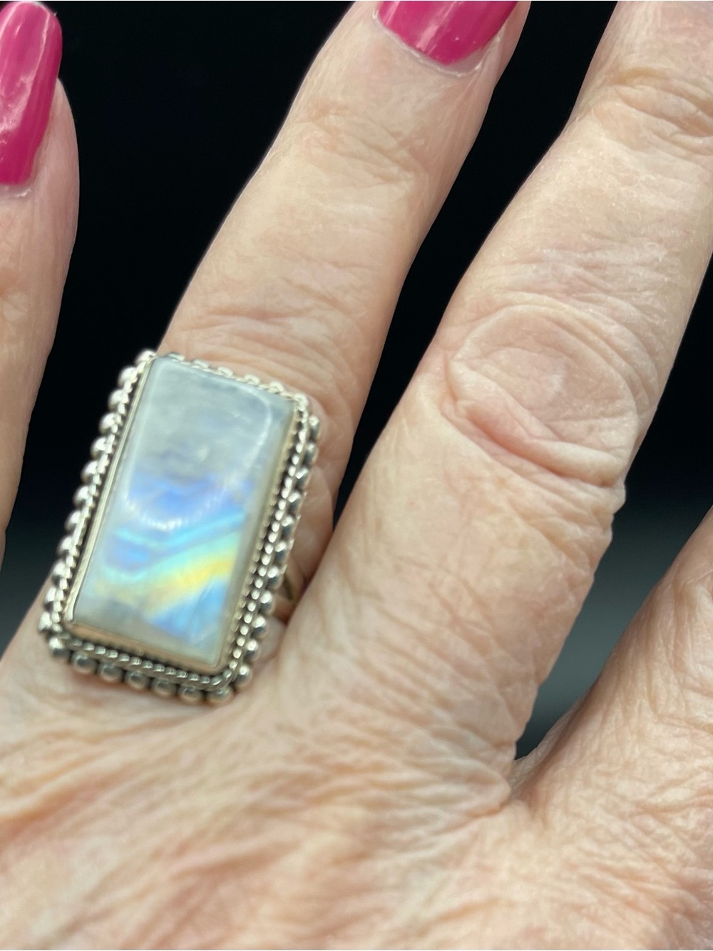 NWOT .925 SS 8.95g Rainbow Moonstone Statement Ring sz 8 approx. 20mm x 10mm - Picture 3 of 9